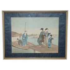 JAPANESE 1920 WOODBLOCK TRIPTYCH WATERCOLOUR PRINT OF GEISHA GIRLS BOARING BOAT
