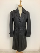Vintage 70s leather trench coat black retro mod military style overcoat mac #V1