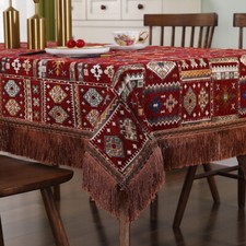 1PC Ethnic Chenille Tablecloth Fringe Embroidery Square Dining Table Cover Retro