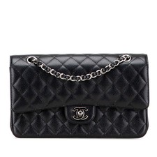 CHANEL Matelasse 25 Double Flap Coco Mark Chain Shoulder Bag in Black Caviar Ski