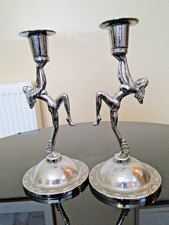 Art Deco style, dancing figure, candlestick, pair, base metal, shiny chrome