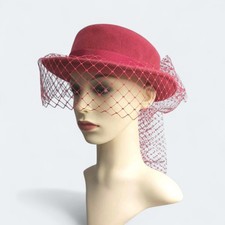 Vintage Red Felt Trilby Fedora Hat with Long Net Detail One Size