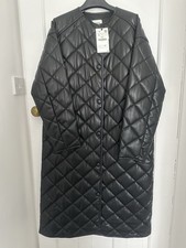 Zara Black Quilted Long Faux Leather Coat Size S