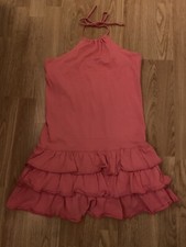 Girls cotton pink halter neck dress with frilled Trim