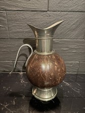 Vintage Coconut Shell & White Metal Pitcher Carafe Jug