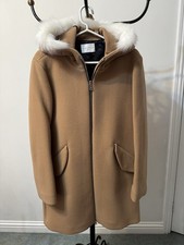 Stunning Sandro Camel Wool Coat With White Fur Trim Hood Size 40 Europe
