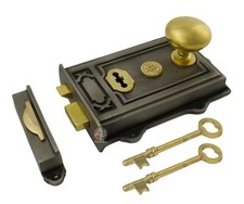 OLD VINTAGE VICTORIAN RUSTIC RETRO RIM DOOR LOCK LATCH + RIM DOOR KNOB SET