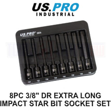 US PRO Industrial 8pc 3/8" DR Extra Long Impact Star Torx Bit Socket Set T25-T60