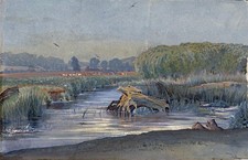 LLOYD JONES Antique Gouache Painting LANDSCAPE POSSIBLY SUFFOLK
