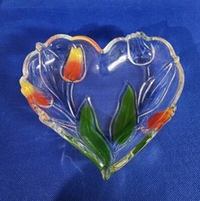Vintage Heart Shaped Glass Bowl With Red And Yellow Tulip . Sweet / Trinket Dish