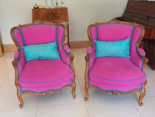 2x Antique HARRODS French Ornate Louis Style Armchairs Re-Upholstered In Pink