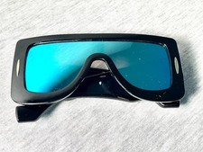 Funky oversize black wrap shield sunglasses blue mirror lens gold tone detail