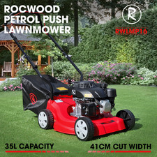Petrol Lawnmower Push RocwooD 132cc 16" Mower Garden Lawn 35L Grass Bag