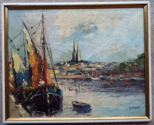 B FLEUR - ORIGINAL OIL ON CANVAS - BOATS MOORED IN BRITTANY HARBOUR