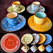 Four Rare (1950s) Sandygate Pottery Polka Dot Egg Cups & Saucers (4”/10cm, 657g)