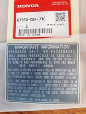 NOS HONDA CR 80 125 250 500 1992 - 2007 rear fender WARNING decal 87560-GBF-770