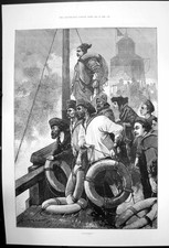 Original Old Antique Print Danger Stormy Seas Men With Lifebelts 1890 Victorian