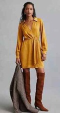 Anthropologie Leopard Long-Sleeve Wrap Mini Dress in Bronze Gold Size L