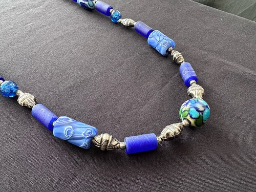 Long blue glass ceramic silver - blue,