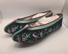 Antique 1920s Chinese Black Velvet Silk Embroidered Slippers Shoes Birds Flowers