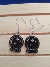 Black Crystal Ball Earrings. Silver Backed. Halloween Fortune Teller Spirits