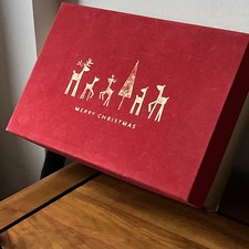 Merry Christmas Red Gold Flocked Fuzzy Gift Box 7.5x11x3” Rectangle Festive