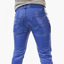 Mens Genuine Cowhide Leather Soft Blue Casual Slim Fit Leather Pants