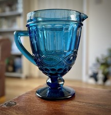 Blue Glass Water Pitcher Jug 1 Litre, by Gibson Homes. Ornate Pressed Glass