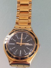 Swatch Irony UNISEX Black Face Day/Date Gold Tone Stainless Steel Quartz Watch.