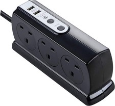 Masterplug 6 Socket Surge Protected Extension Lead 2M USB Charger Black Gloss 