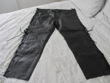 Mens Lace Sided Motorcycle Biker Black Leather Trousers Motorbike Jeans PantsW50