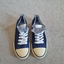 NEXT NAUTICAL NAVY BLUE CREAM TRIM WHITE LACE DOUBLE STRIPE TONGUE PUMPS TRAINER