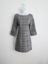 H&M Plaid Dress 8 Grey Black & White Mini Check Boat Neck Mod