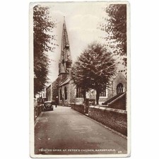 BARNSTAPLE Devon, Old Motor Car at St Peter's Church RP Postcard, Postmark 1957