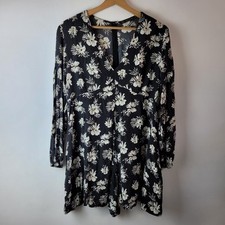 Zara Women Size L Black White Floral Daisy Playsuit Smart Summer Holiday Casual