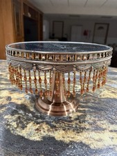 Ornate Metal CAKE STAND Chandelier Beads Mirror Pedestal Plate Boho Home Decor