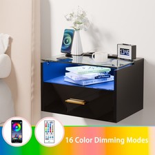 LED Floating Bedside Table Wall Mounted Nightstand w/Power Station &Drawer Black