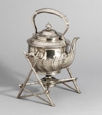 AN ANTIQUE ELECTROPLATE KETTLE-ON-STAND, WALKER AND HALL, CIRCA 1900