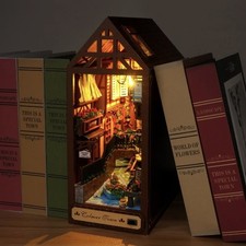 DIY Wooden Book Nook Kit Miniature House Book Nook 3D Model LED Bookshelf Decor