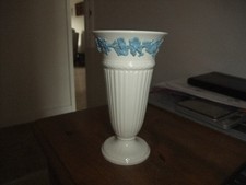 Lovely Wedgwood Queensware Embossed Blue Vine On Cream Trumpet Vase.