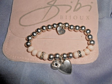 BIBI BIJOUX SILVER TONE CRYSTAL BEADED HEART CHARM BRACELET