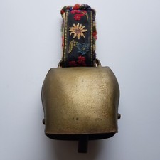 Antique Alpine bronze cow bell embroidery sash 10cm Edelweiss flower Swiss Alps