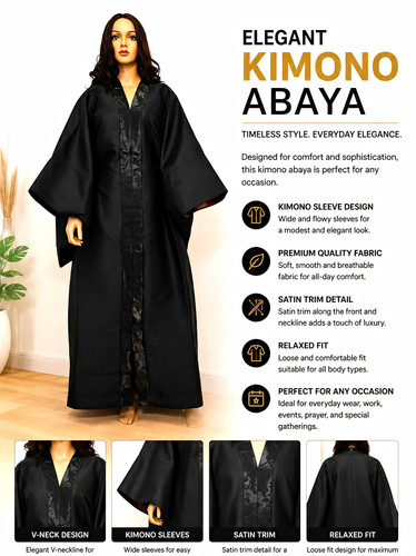 Black satin trim kimono - satin,
