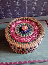 Vintage Hand Woven Sweet Grass Basket, Multicoloured, Hand Made, Rustic Bohemian