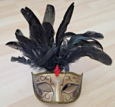 Gold Masquerade Mardi Gras Mask w/Black Plumage Adult