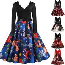 Womens Christmas Santa Midi Dress Ladies Xmas Party V Neck Swing A-Line Costume