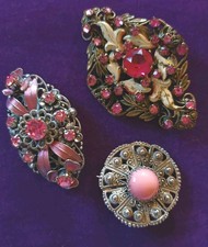 Vintage Brooches Art Deco Ornate Filigree Pretty Pink Czech Glass 