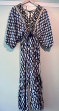 Boho Maxi Kaftan Dress. One Size, Vintage Poly Silk, Blue Mix, Beaded.