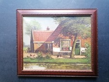 Early 20th Century Dutch Oil Painting, House, Canal, Chickens, Signed
