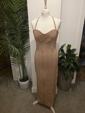 BNWT Herve Leger Rose Gold Halter Body Con Dress Size Large
